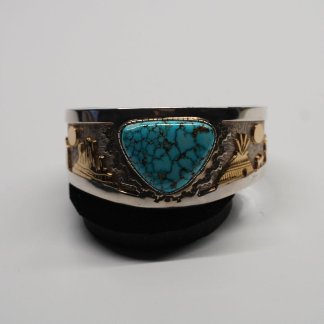 Cuff - Storyteller Sterling Silver/14k Gold w/ Turquoise by Dina Huntinghorse (Wichita)