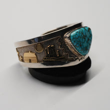 Load image into Gallery viewer, Cuff - Storyteller Sterling Silver/14k Gold w/ Turquoise by Dina Huntinghorse (Wichita)
