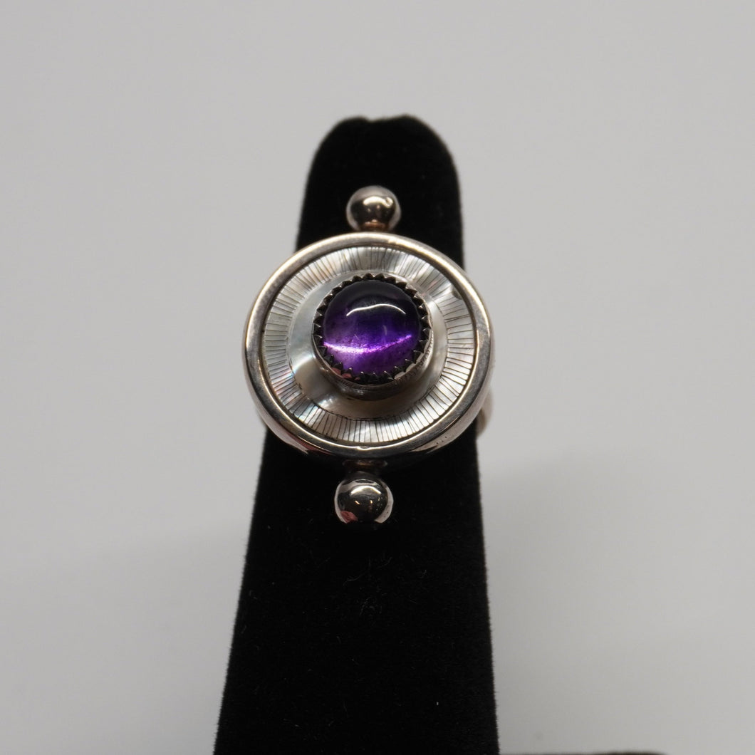 Ring - Hand-Etched Mother of Pearl w/ Purple Amethyst by Rykelle Kemp (Muskoke/Euchee/Choctaw/Navajo)