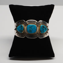 Load image into Gallery viewer, Cuff - 3 Stone Morenci Turquoise w/ Sterling Silver and 14K Gold by Dina Huntinghorse (Wichita)
