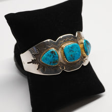 Load image into Gallery viewer, Cuff - 3 Stone Morenci Turquoise w/ Sterling Silver and 14K Gold by Dina Huntinghorse (Wichita)
