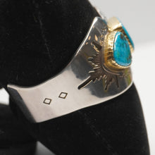 Load image into Gallery viewer, Cuff - 3 Stone Morenci Turquoise w/ Sterling Silver and 14K Gold by Dina Huntinghorse (Wichita)
