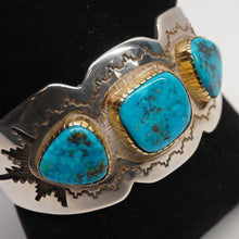 Load image into Gallery viewer, Cuff - 3 Stone Morenci Turquoise w/ Sterling Silver and 14K Gold by Dina Huntinghorse (Wichita)
