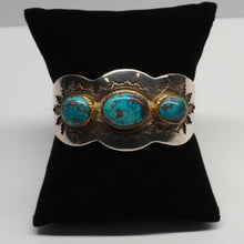 Load image into Gallery viewer, Cuff - 3 Stone Morenci Turquoise w/ Sterling Silver and 14K Gold by Dina Huntinghorse (Wichita)
