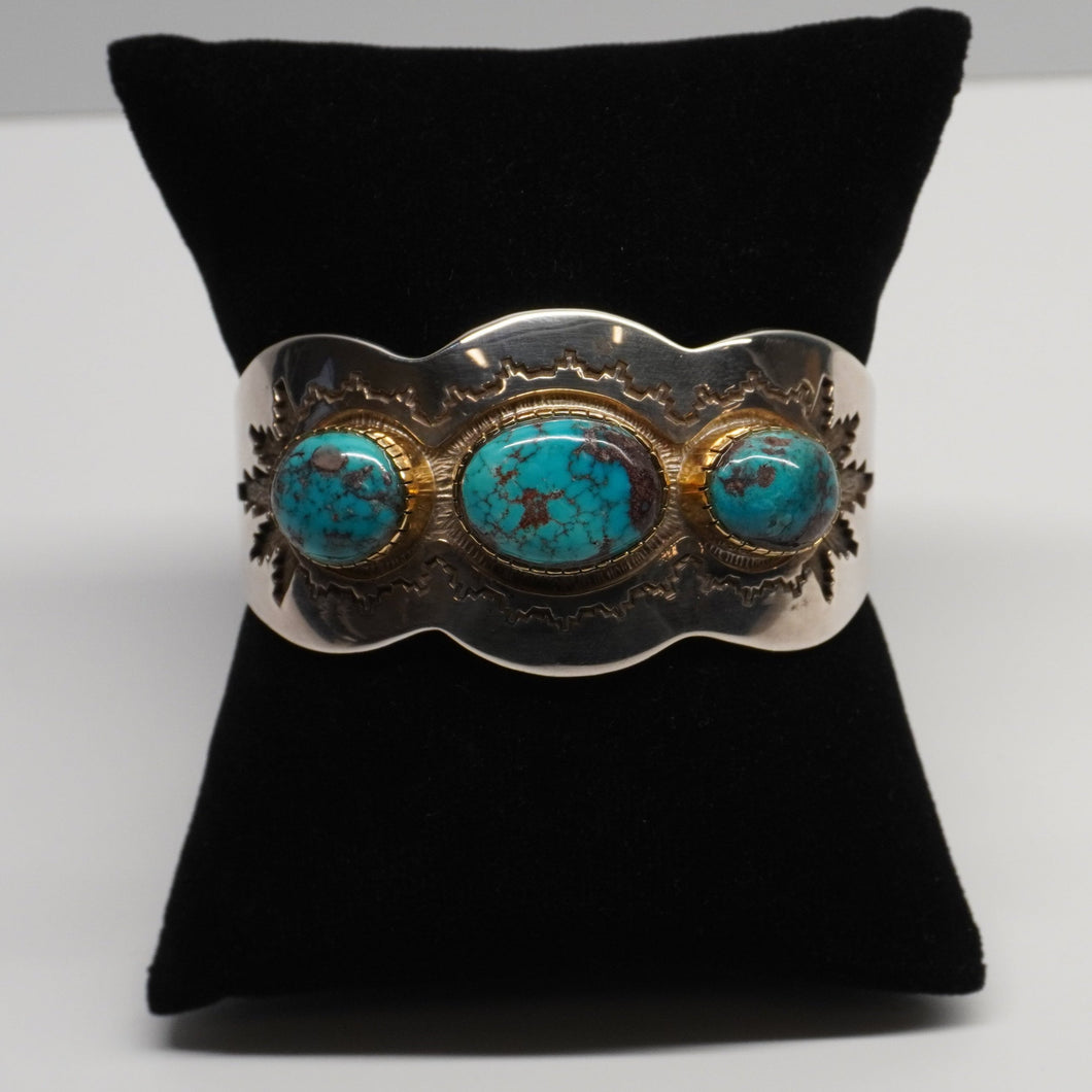 Cuff - 3 Stone Morenci Turquoise w/ Sterling Silver and 14K Gold by Dina Huntinghorse (Wichita)