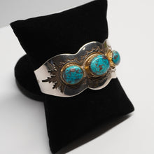 Load image into Gallery viewer, Cuff - 3 Stone Morenci Turquoise w/ Sterling Silver and 14K Gold by Dina Huntinghorse (Wichita)
