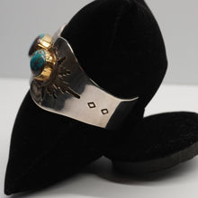 Load image into Gallery viewer, Cuff - 3 Stone Morenci Turquoise w/ Sterling Silver and 14K Gold by Dina Huntinghorse (Wichita)
