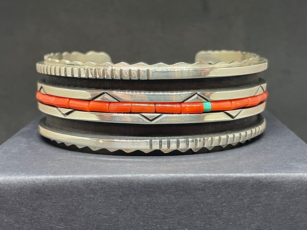 Cuff - Coral, Turquoise, Polished and Oxidized Silver by Aaron Brokeshoulder (Choctaw, Shawnee, and Santo Domingo)