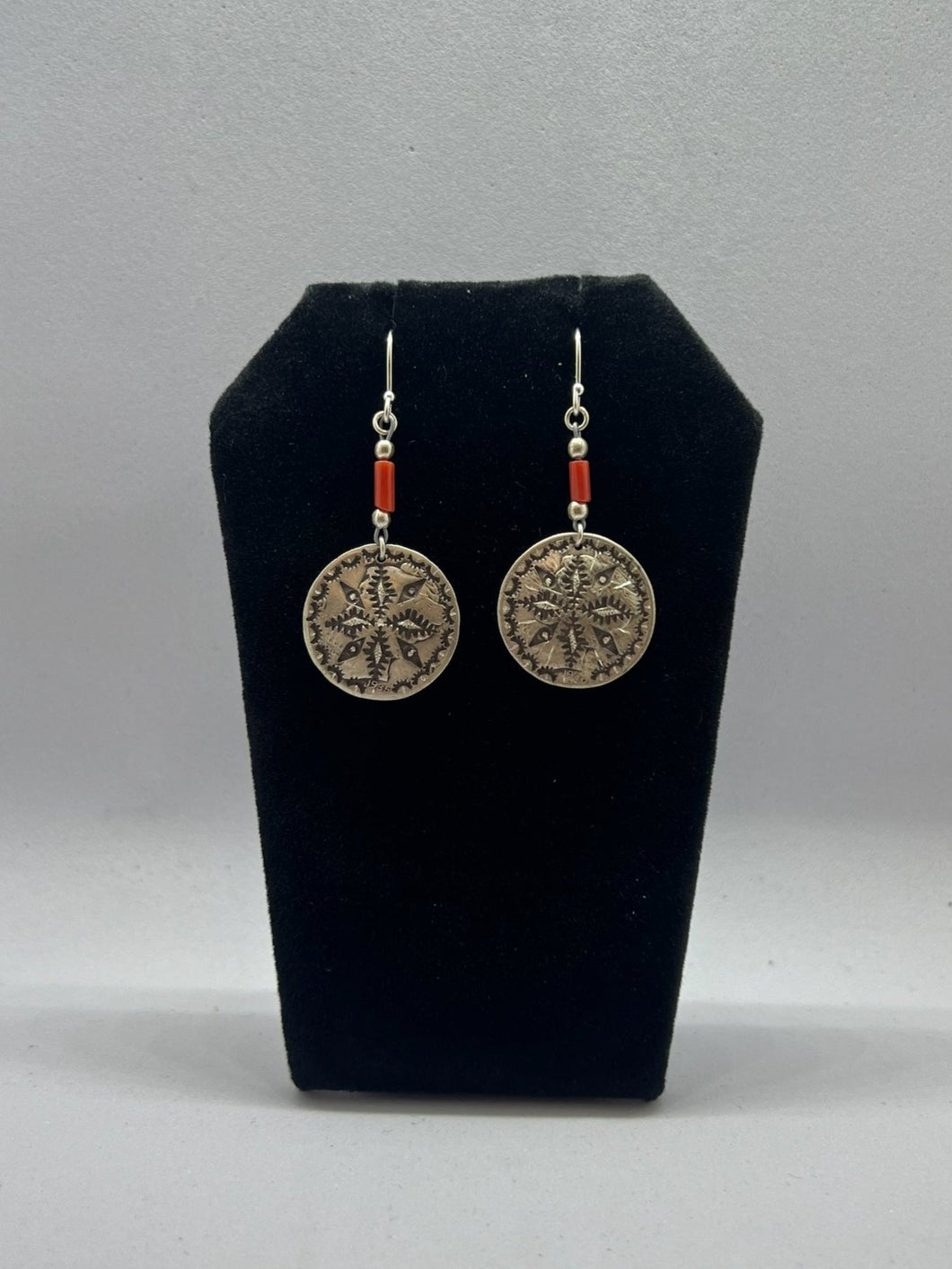 Earrings - Silver Dime w/ Coral - Kenneth Johnson (Muscogee/Seminole)